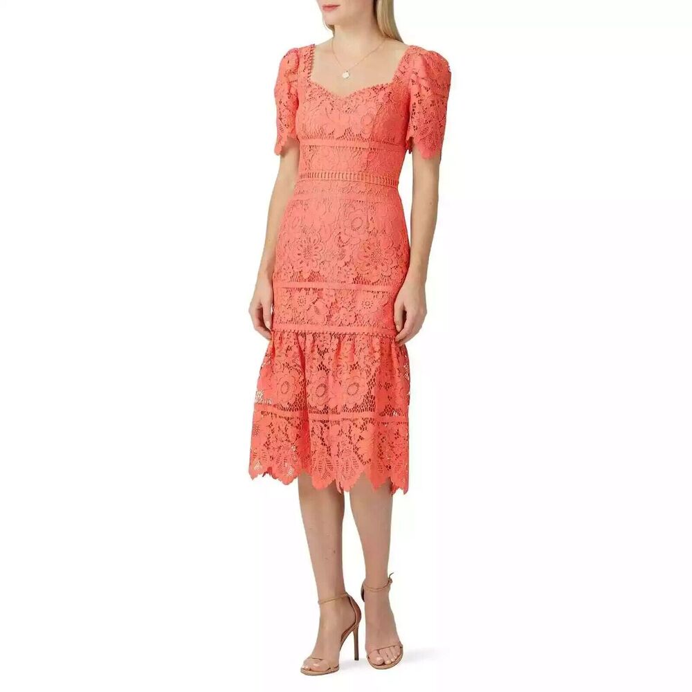 Saylor Medium Louisa Lace Sheath Midi Dress Burnt Coral Sweetheart Neck Wedding